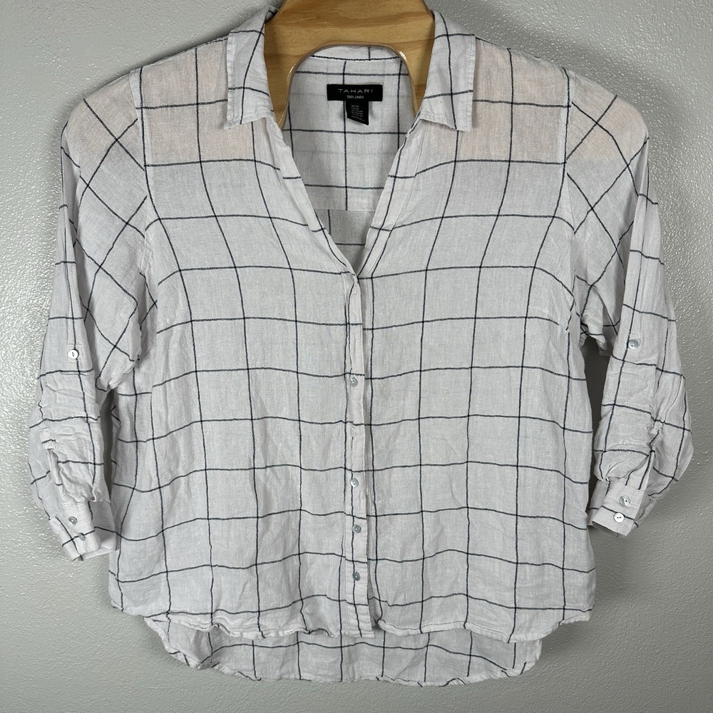 Tahari Linen Button Up Tunic Blouse Top Womens 2X White Black Windowpane‎ Plaid